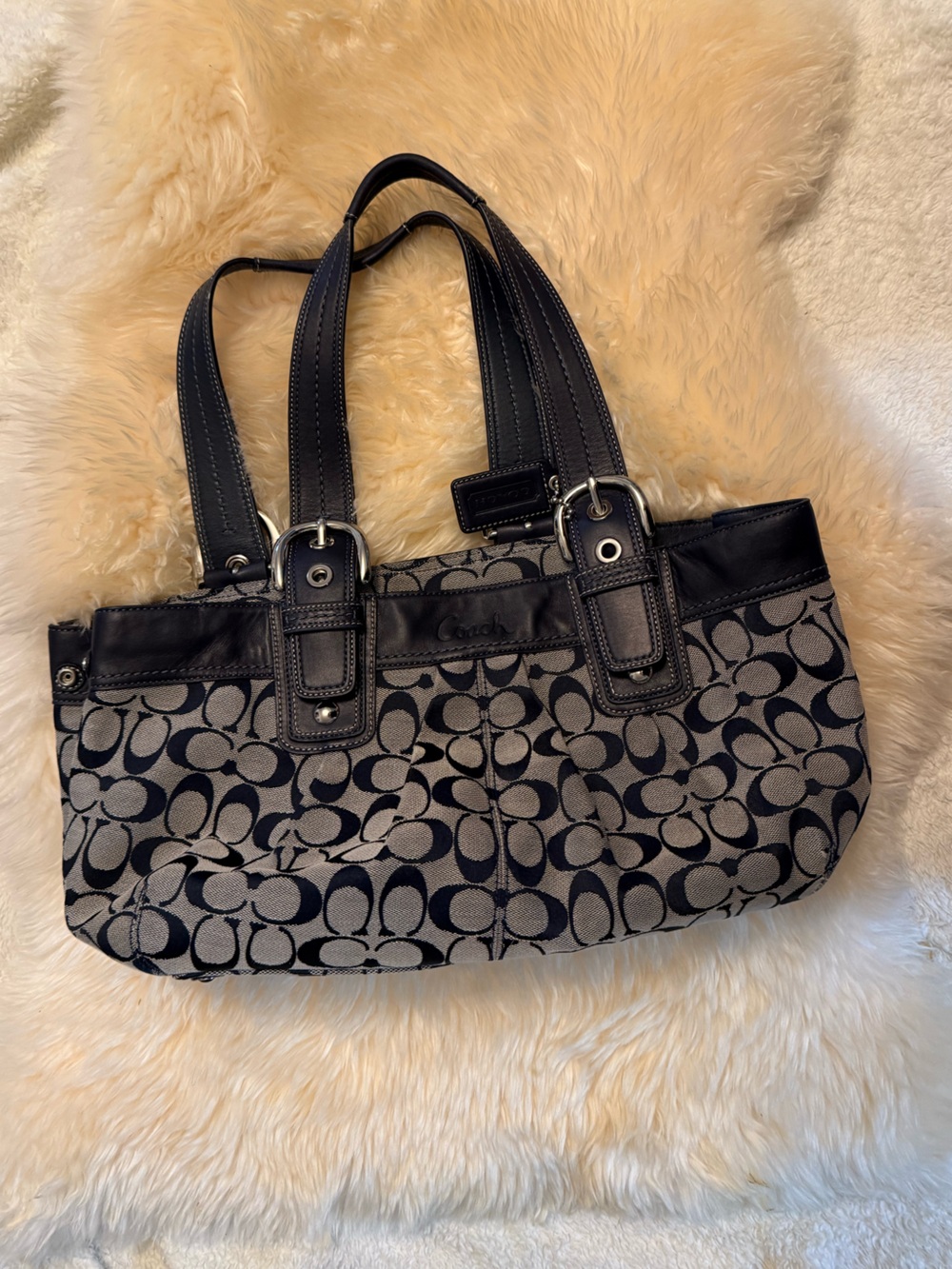 Coach Soho F13742 Navy Blue Signature Pleated Tote Y2K